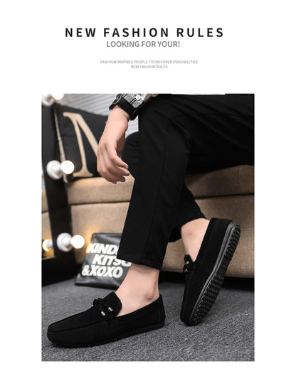 2026 Summer Casual Fashion Driving Loafers Suede Leather Minimalist Slip-Ons Comfortable Trendy Work Shoes Black & Khaki Two-Ton
