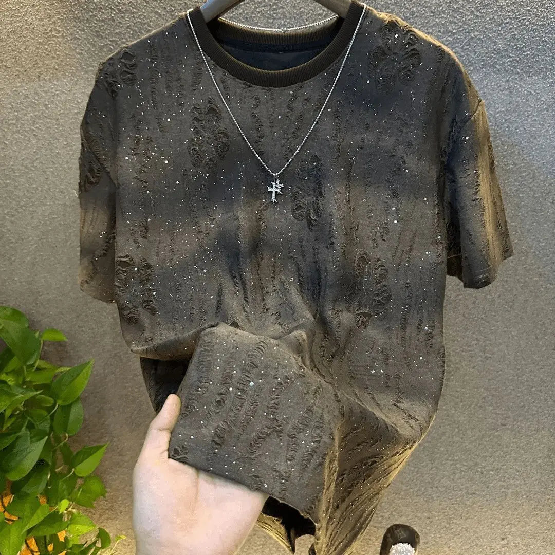 Men's Clothing Solid Color Summer Bestseller Luxury High-End Short Sleeve Trendy Korean Style Sequin Gradient Ripped Round Neck