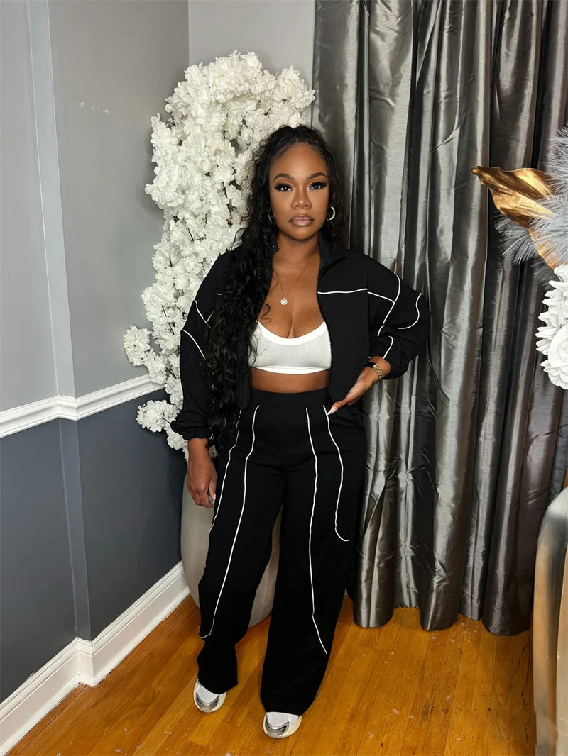 Doyerl Striped Casual Tracksuit Woman Two Piece Set Sports Workout Zipper Long Sleeve Jacket Coat and Sweatpants Matching Sets