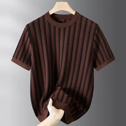 Spring New Round Neck Striped Jacquard Contrasting Short Sleeved Knitted Sweater for Men's Casual Versatile Half Sleeved Sweater