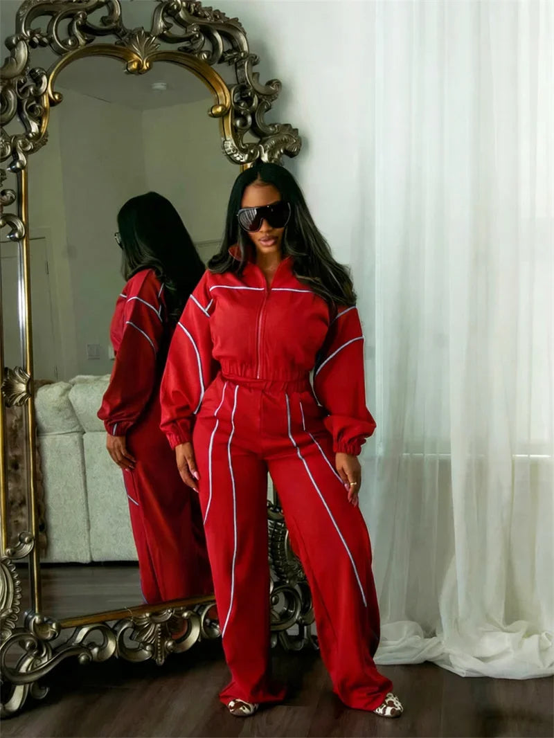 Doyerl Striped Casual Tracksuit Woman Two Piece Set Sports Workout Zipper Long Sleeve Jacket Coat and Sweatpants Matching Sets