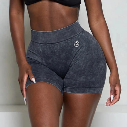 Women Bum Acid Wash Low V-BACK Scrunch Butt Shorts Women Seamless Sports Shorts Women V-shaped Hip Gym Cycling Elastic Tights