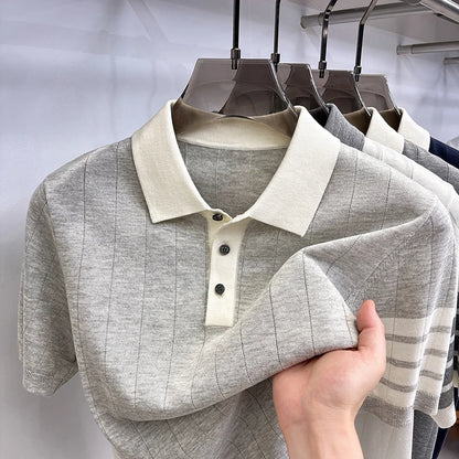 High End Light Luxury Color Blocked Knitted Summer Men's Short Sleeved Polo Shirt, Thin Grain Design, Casual T-shirt