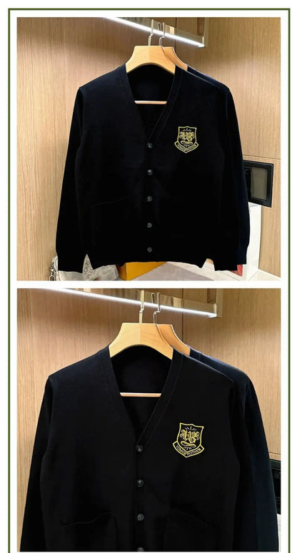 Autumn Long Sleeve Knitted Men Cardigans Embroidered V-neck Buttun Closure Sweaters Chic Casual Outwear