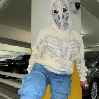 Skeleton Pattern Rhinestone Zipper Hoodies Men Women Hip Hop Street Hoodie Retro Punk Gothic Autumn Oversize Sweatshirt Jacket