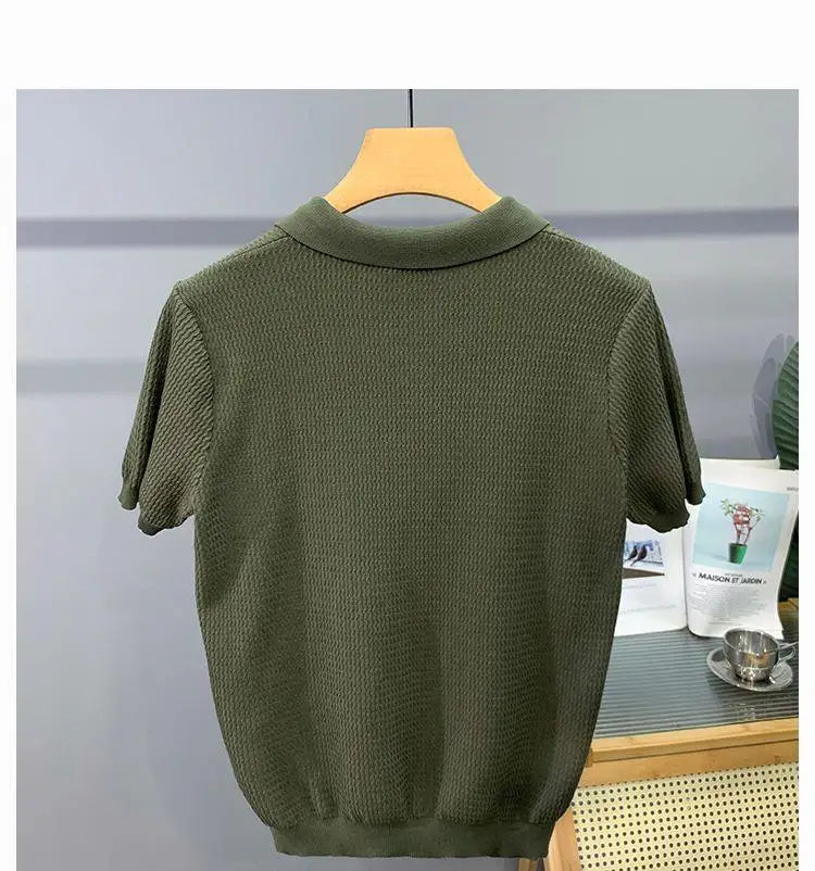 Ice Silk Slim Fit Short Sleeve V-Neck Polo Shirt Men's Knitted Summer New Style Breathable Machine Washable Casual T-Shirt