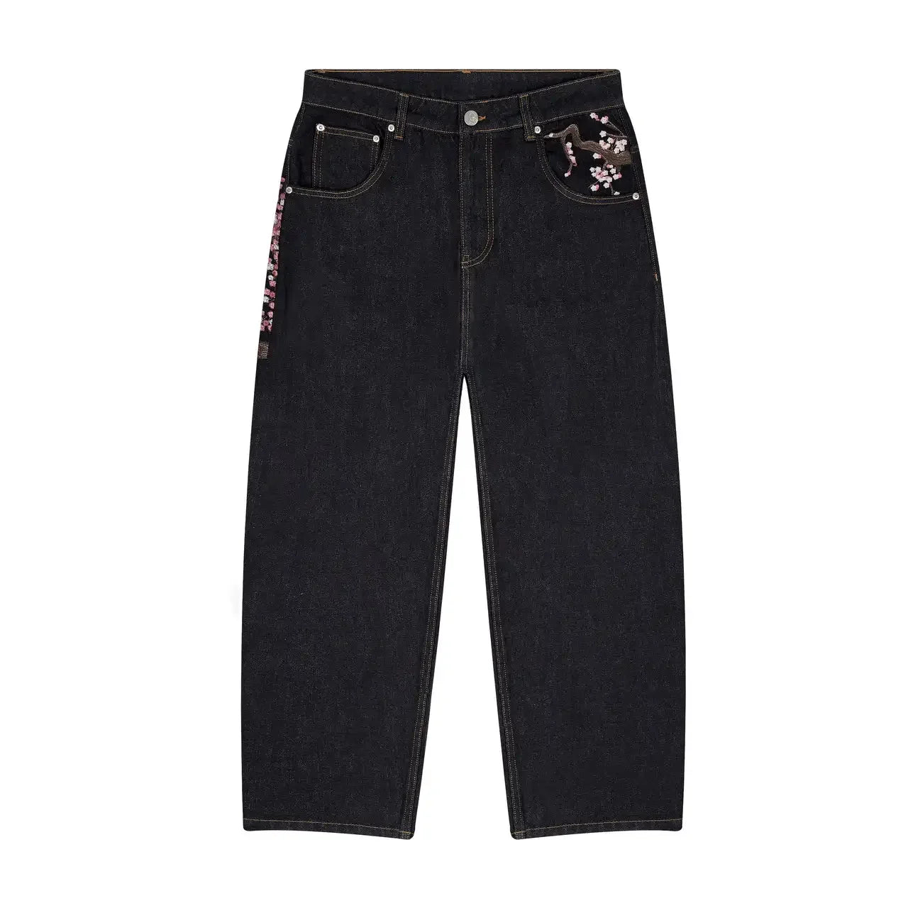 Vintage Cherry Blossom Black Knight Embroidery Jeans Y2k Retro Baggy Straight Denim Pants Blue Wash Jean Men Clothing Streetwear