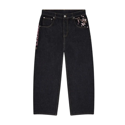 Vintage Cherry Blossom Black Knight Embroidery Jeans Y2k Retro Baggy Straight Denim Pants Blue Wash Jean Men Clothing Streetwear