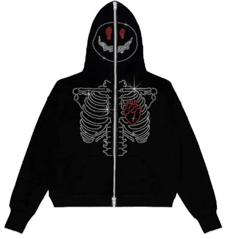 Skeleton Pattern Rhinestone Zipper Hoodies Men Women Hip Hop Street Hoodie Retro Punk Gothic Autumn Oversize Sweatshirt Jacket