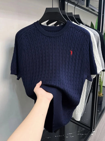 Advanced Ice Silk Knitted Short Sleeve Men Summer Trendy Luxury Brand Golf Pony Embroidery Casual Round Neck Breathable T-shirt