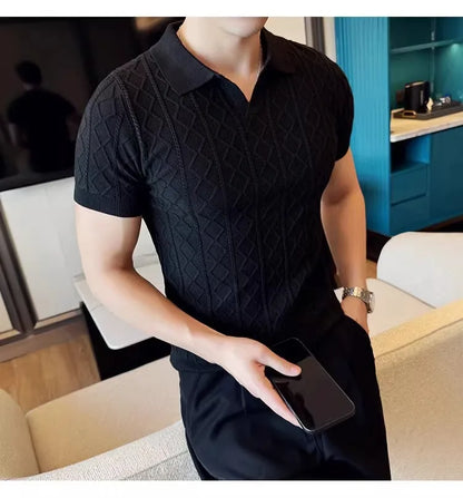 Polo Style Sweaters for Men Summer New Slim Fit Short Sleeve Business Casual T-shirts Male Solid Turn Down Collar Knitwear Tops