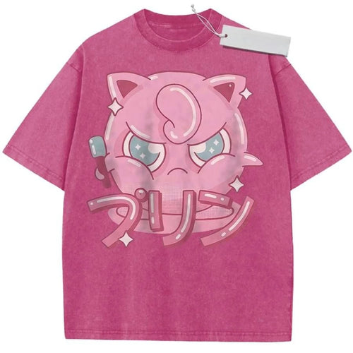 T Shirt Sports T Shirt Short Sleeve T Shirt Rose Red Unisex Pure Cotton Washed Vintage Pokemon Jigglypuff Anime Print