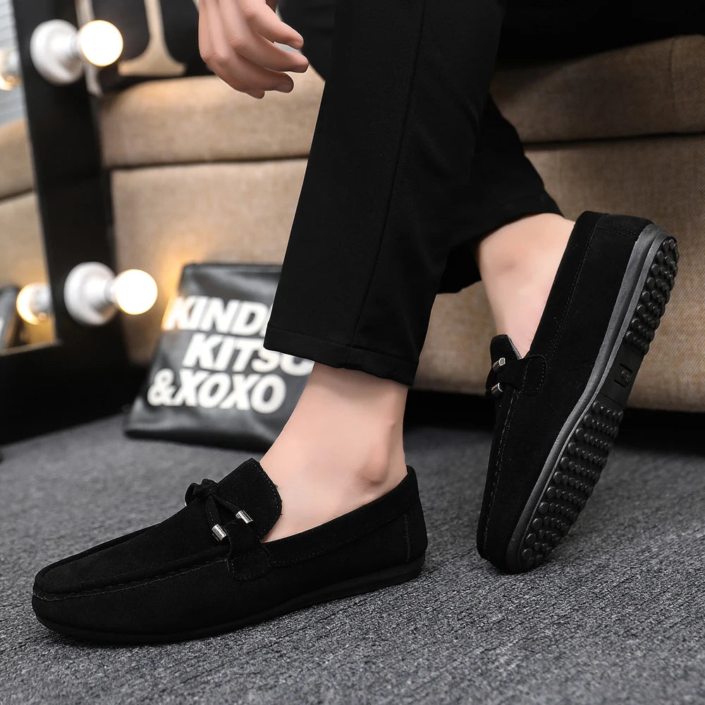 2026 Summer Casual Fashion Driving Loafers Suede Leather Minimalist Slip-Ons Comfortable Trendy Work Shoes Black & Khaki Two-Ton