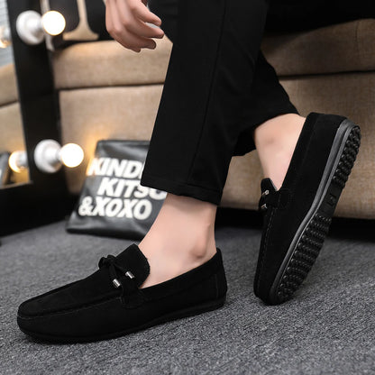 2026 Summer Casual Fashion Driving Loafers Suede Leather Minimalist Slip-Ons Comfortable Trendy Work Shoes Black & Khaki Two-Ton