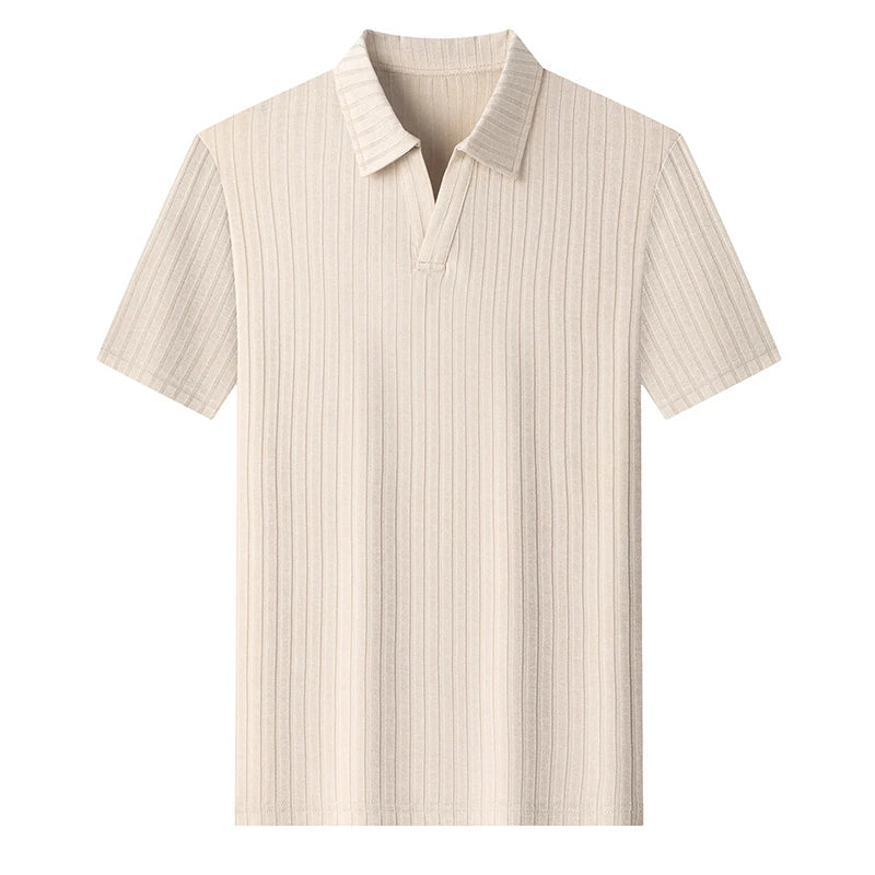 Men's Breathable Knitted Polo Tee Short Sleeve V Neck Striped Fabric Lightweight Casual Business Daily Wear