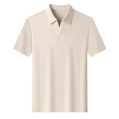 Men's Breathable Knitted Polo Tee Short Sleeve V Neck Striped Fabric Lightweight Casual Business Daily Wear