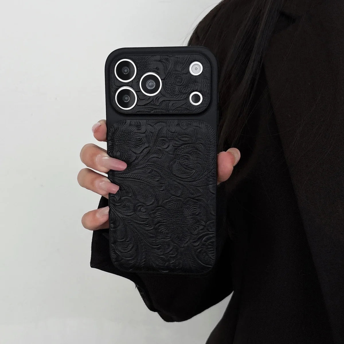 Luxury Retro Petal Flower Large Window Phone Case For iPhone 17 16 15 14 13 Pro Max Fashion 3D Wrinkle Texture Shockproof Cover
