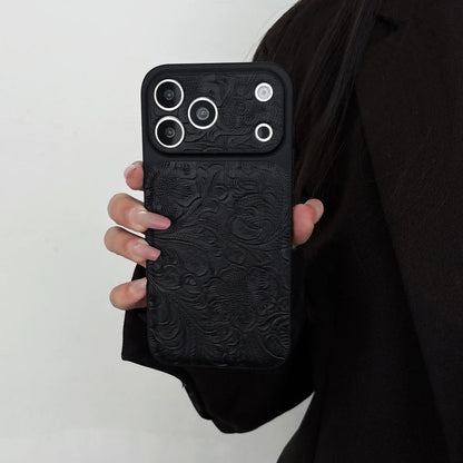 Luxury Retro Petal Flower Large Window Phone Case For iPhone 17 16 15 14 13 Pro Max Fashion 3D Wrinkle Texture Shockproof Cover