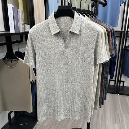 Men's Breathable Knitted Polo Tee Short Sleeve V Neck Striped Fabric Lightweight Casual Business Daily Wear