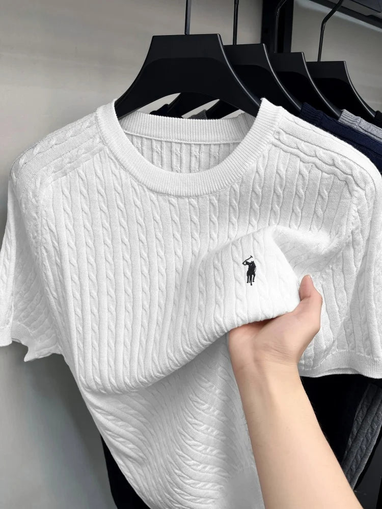 Advanced Ice Silk Knitted Short Sleeve Men Summer Trendy Luxury Brand Golf Pony Embroidery Casual Round Neck Breathable T-shirt