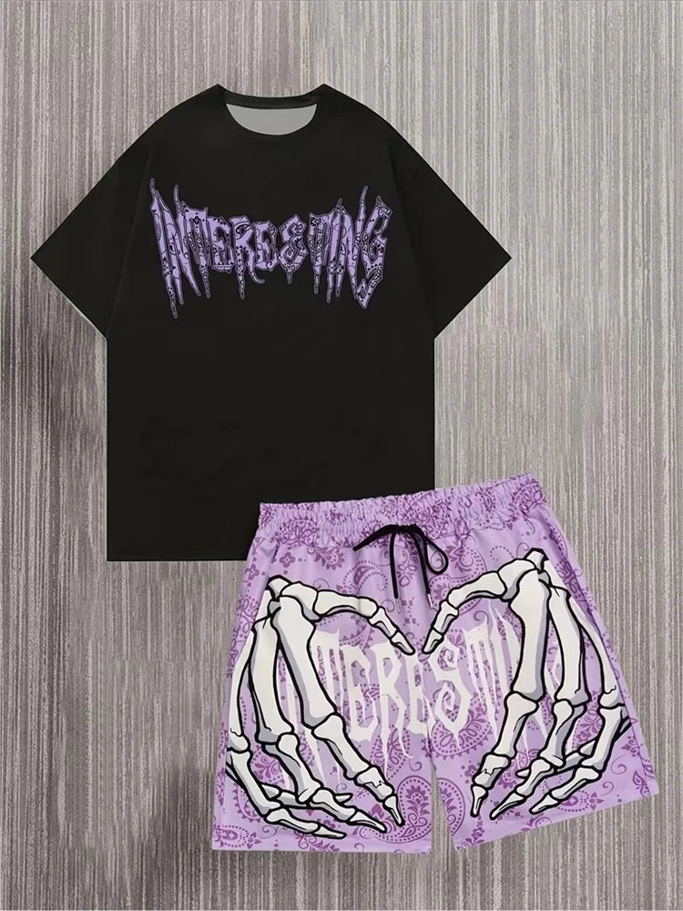 Spring And Summer American Trend 3D Printed Skull Men's Round-neck Top And Shorts, Hip-hop Style Trendy And Cool 2pcs Set