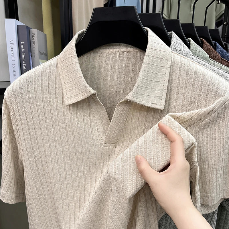 Men's Breathable Knitted Polo Tee Short Sleeve V Neck Striped Fabric Lightweight Casual Business Daily Wear