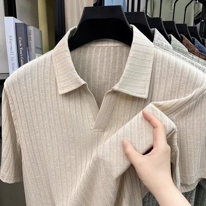 Men's Breathable Knitted Polo Tee Short Sleeve V Neck Striped Fabric Lightweight Casual Business Daily Wear