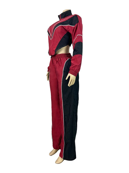 Fashion Women Windbreaker Set Color Block Long Sleeve Zipper Tops and Sweatpants 2025 Fall 2 Piece Sets Streetwear Outfits New