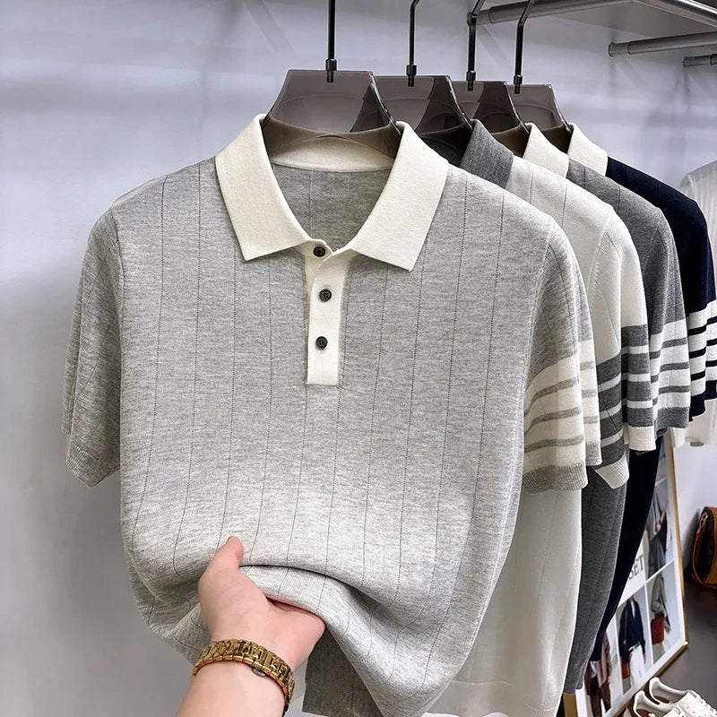 High End Light Luxury Color Blocked Knitted Summer Men's Short Sleeved Polo Shirt, Thin Grain Design, Casual T-shirt