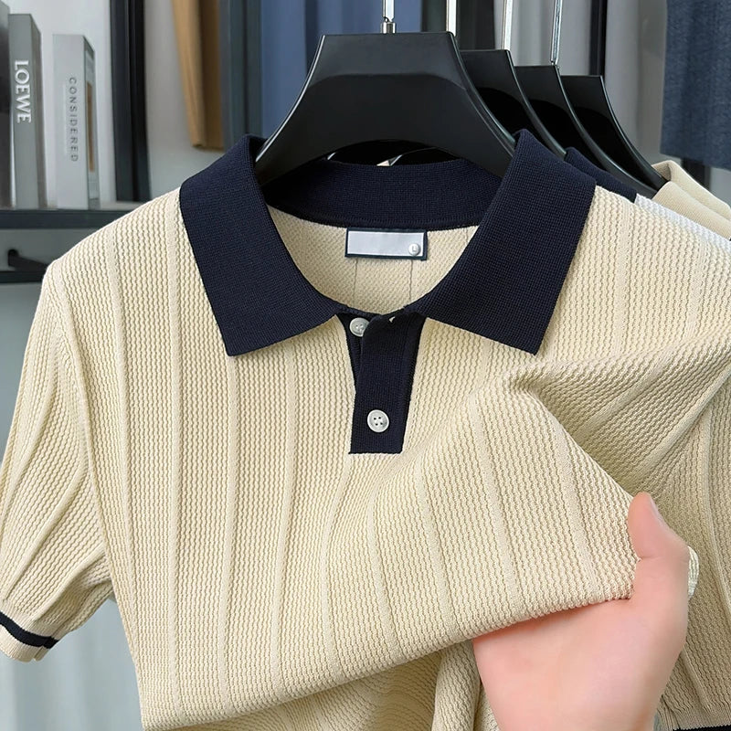 Summer Lightweight Men's Polo Shirt, Middle-aged Jacquard Color-block Breathable Wrinkle-free Casual Knitted Top