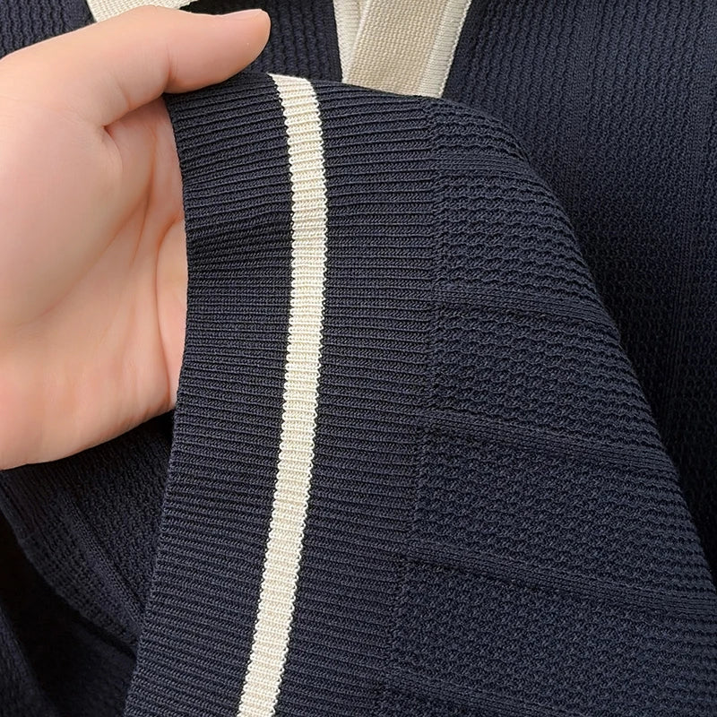 Summer Lightweight Men's Polo Shirt, Middle-aged Jacquard Color-block Breathable Wrinkle-free Casual Knitted Top
