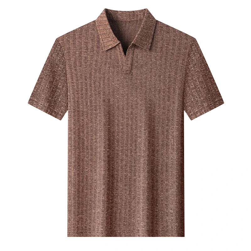 Men's Breathable Knitted Polo Tee Short Sleeve V Neck Striped Fabric Lightweight Casual Business Daily Wear