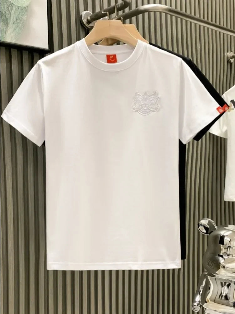 Male Tees Shirts Skinny Embroidery Lion New In Party Y2k Original Tops Hot Basic Korean Popular Clothes Cool Cheap Men's T-shirt