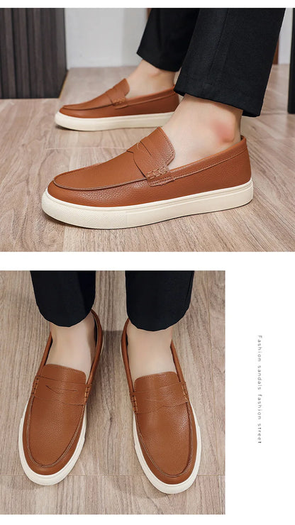 Casual Slip-On Men's Bean Oes Spring 2026 New Sle Comfortable Leather Sneakers Breathable Round Toe Flat Heel PU Lined