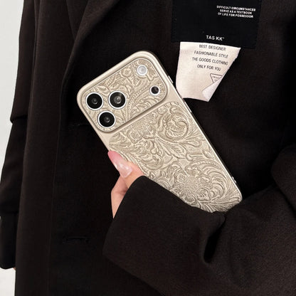 Luxury Retro Petal Flower Large Window Phone Case For iPhone 17 16 15 14 13 Pro Max Fashion 3D Wrinkle Texture Shockproof Cover