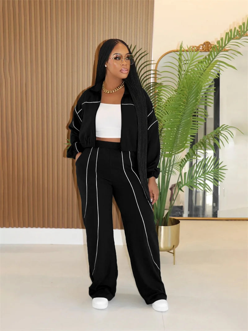 Doyerl Striped Casual Tracksuit Woman Two Piece Set Sports Workout Zipper Long Sleeve Jacket Coat and Sweatpants Matching Sets