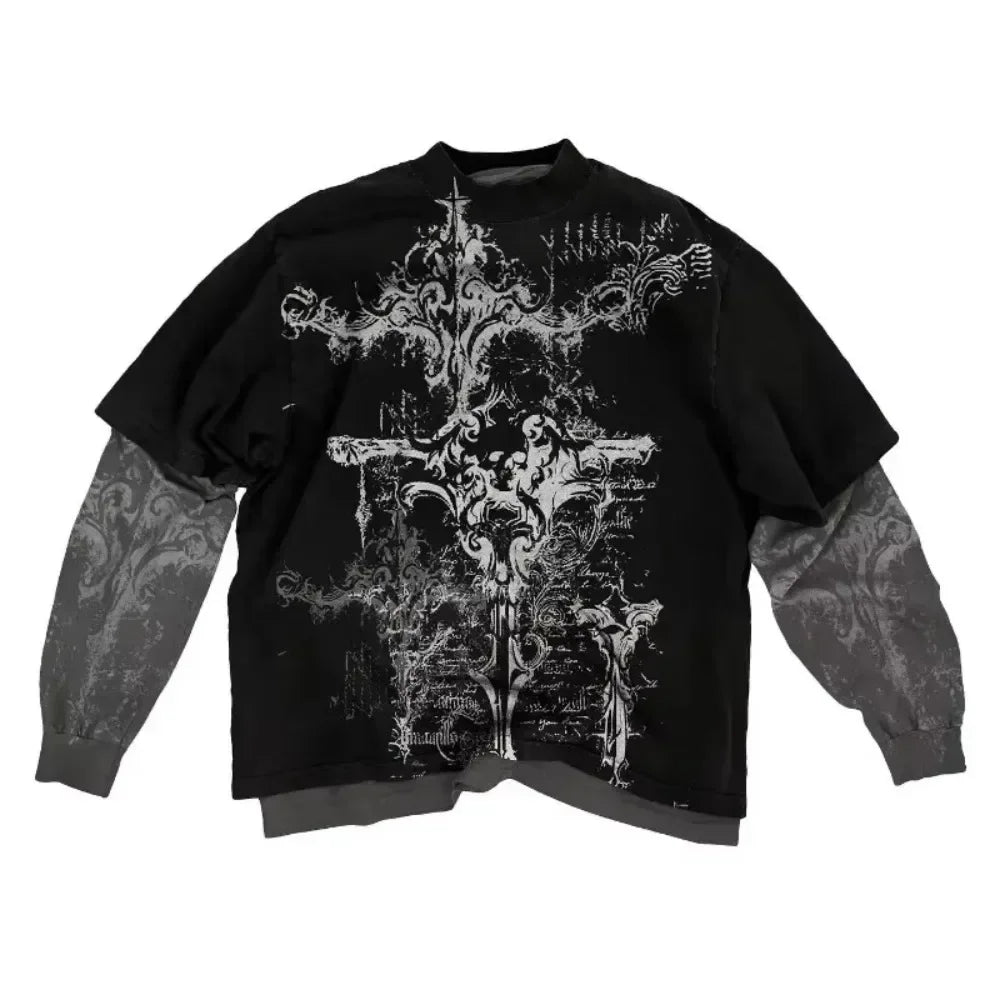 2000s American Skull Pattern Long sleeved T shirt Fashion Round Neck Oversized T shirt New Mens Casual Gothic Clothing Tops