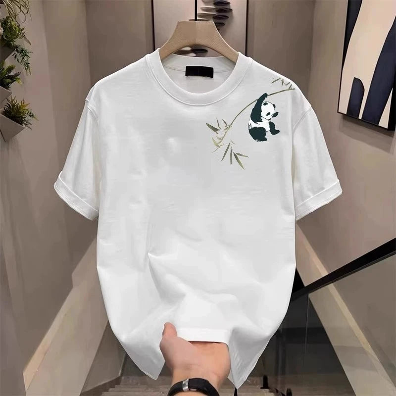 Men's Cotton T-shirts White 5XL T Shirt for Men Casual Summer Wear Bamboo Panda Print Tee Shirts Black Men Clothing