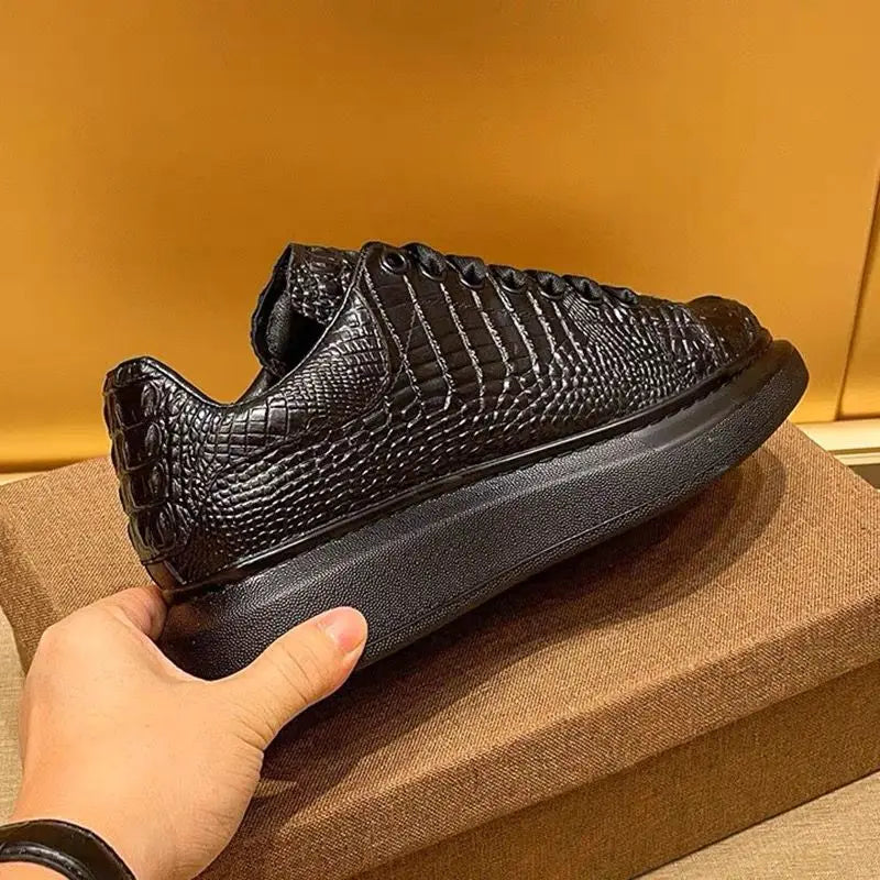 New summer crocodile print black men's breathable shoes running casual sports board shoes natural cowhide soft sole shoes