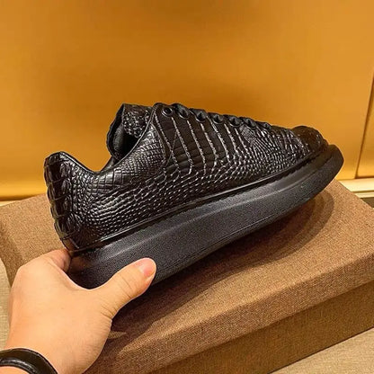 New summer crocodile print black men's breathable shoes running casual sports board shoes natural cowhide soft sole shoes