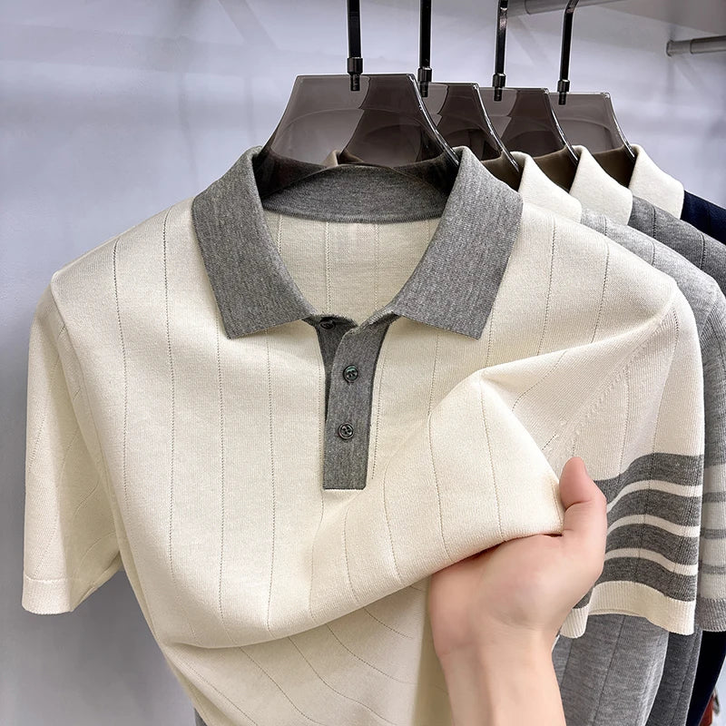 High End Light Luxury Color Blocked Knitted Summer Men's Short Sleeved Polo Shirt, Thin Grain Design, Casual T-shirt