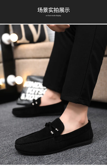 2026 Summer Casual Fashion Driving Loafers Suede Leather Minimalist Slip-Ons Comfortable Trendy Work Shoes Black & Khaki Two-Ton