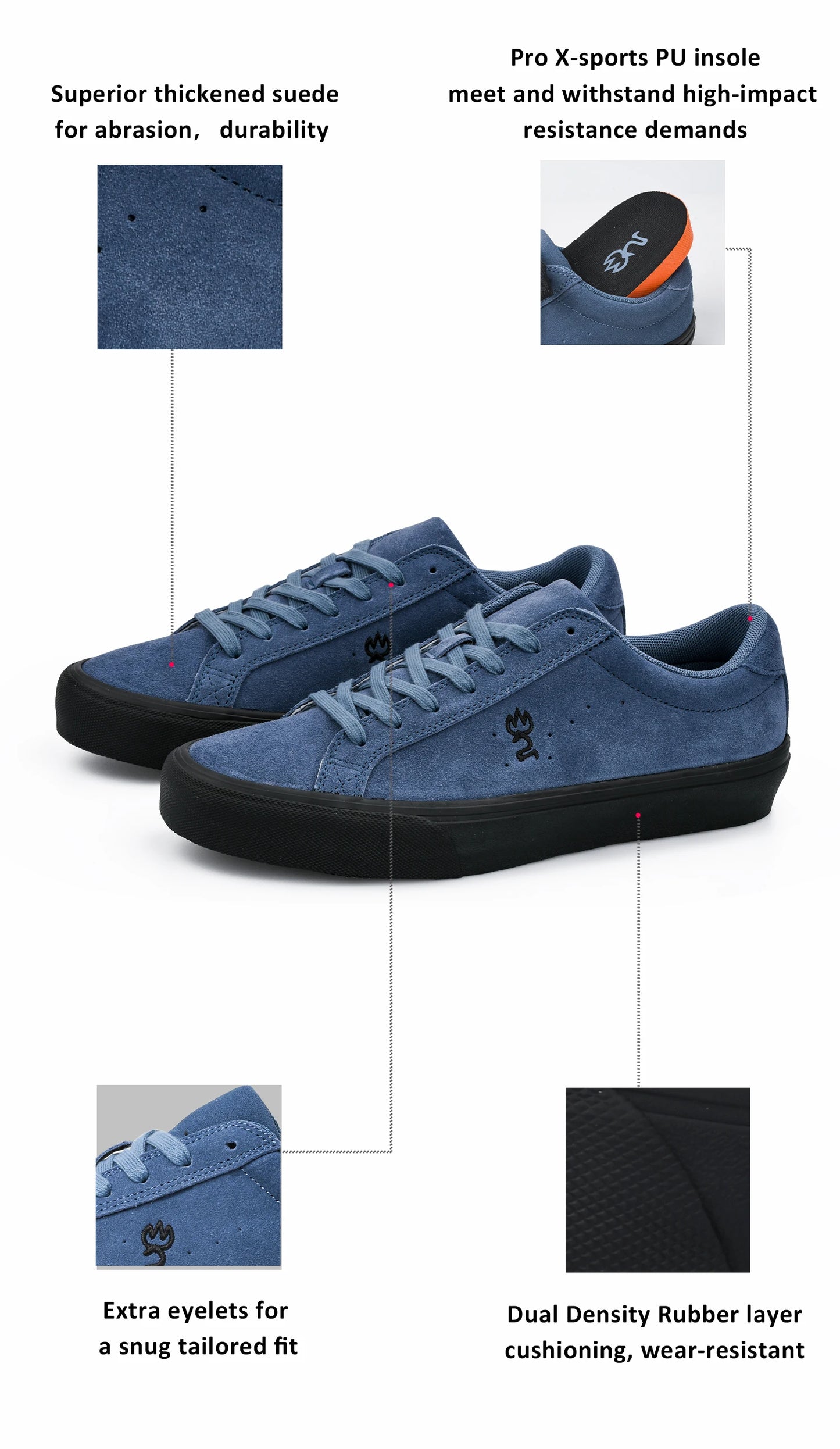 Goluck Designer Skate Shoes For Skateboarding Unisex Suede Leather Blue Trainers  Rubber Sole Sport sneake Walking Casual  Shoe