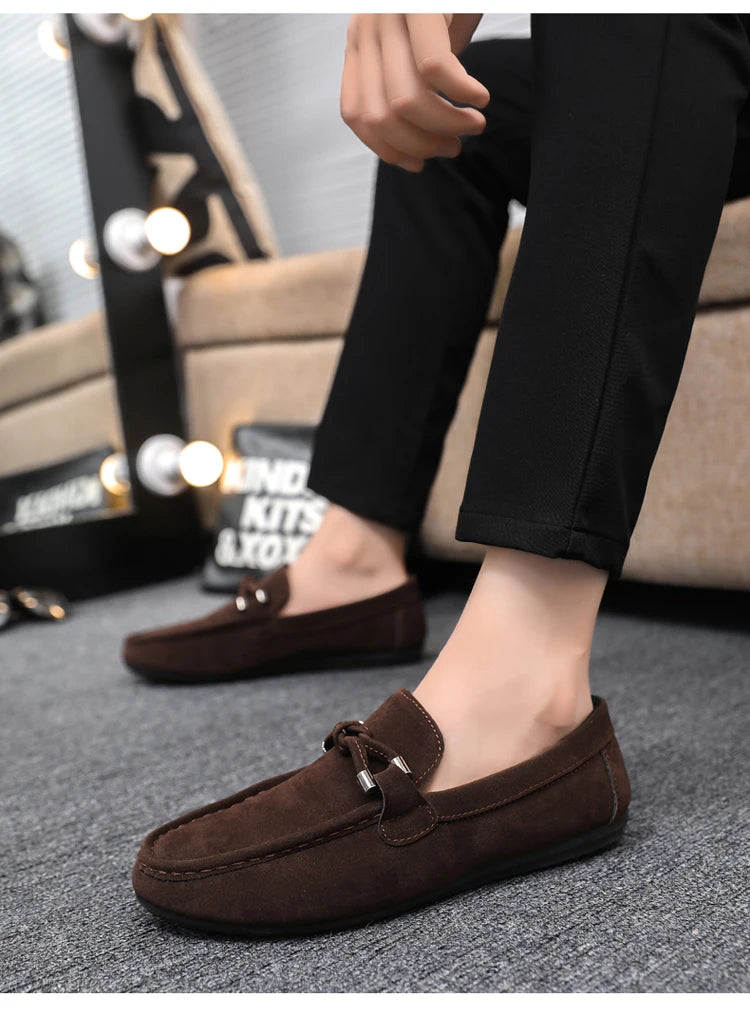 2026 Summer Casual Fashion Driving Loafers Suede Leather Minimalist Slip-Ons Comfortable Trendy Work Shoes Black & Khaki Two-Ton