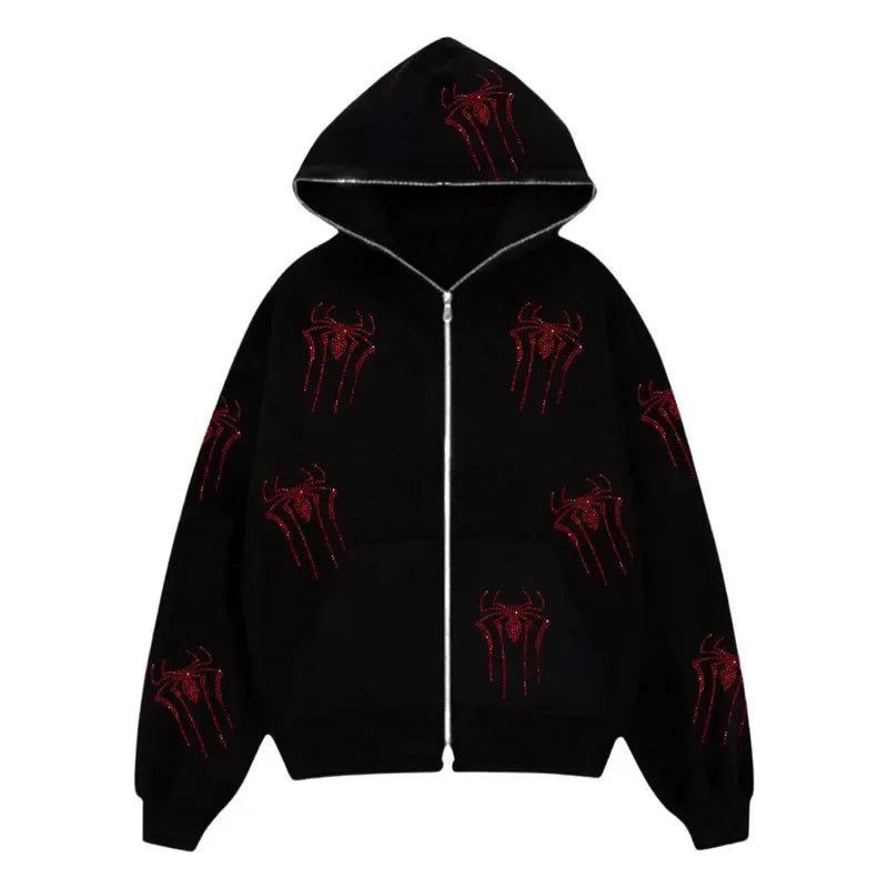 Skeleton Pattern Rhinestone Zipper Hoodies Men Women Hip Hop Street Hoodie Retro Punk Gothic Autumn Oversize Sweatshirt Jacket