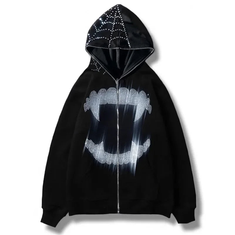 Skeleton Pattern Rhinestone Zipper Hoodies Men Women Hip Hop Street Hoodie Retro Punk Gothic Autumn Oversize Sweatshirt Jacket