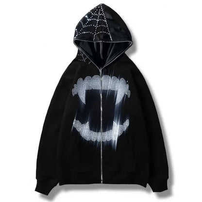Skeleton Pattern Rhinestone Zipper Hoodies Men Women Hip Hop Street Hoodie Retro Punk Gothic Autumn Oversize Sweatshirt Jacket