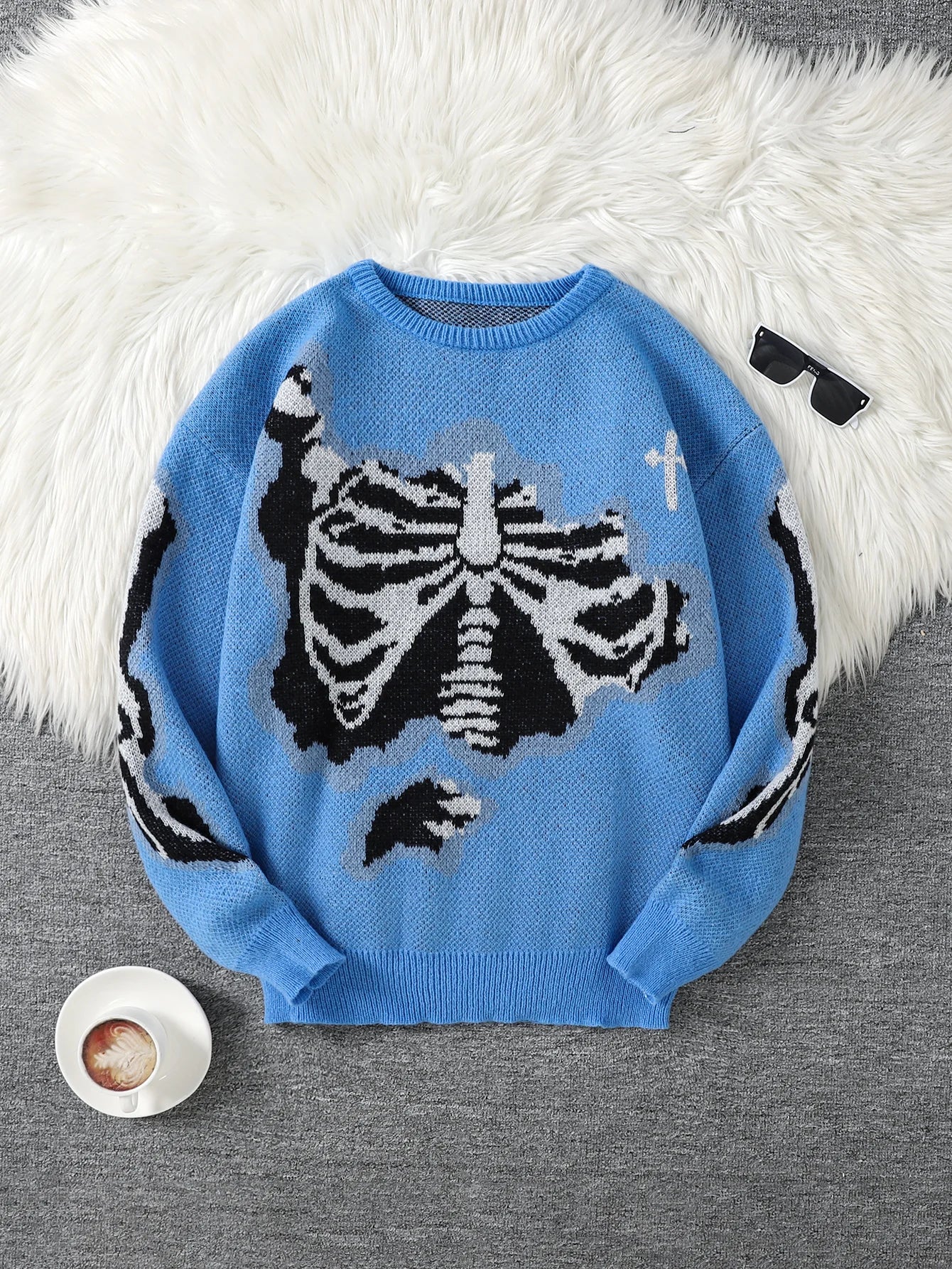 New Popular Spring and Autumn Bone-Shaped Butterfly Jacquard Pattern Pullover Sweater Casual Round Neck Contrast Color Knitted m