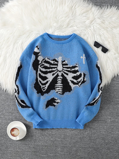 New Popular Spring and Autumn Bone-Shaped Butterfly Jacquard Pattern Pullover Sweater Casual Round Neck Contrast Color Knitted m