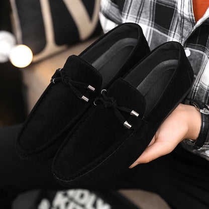 2026 Summer Casual Fashion Driving Loafers Suede Leather Minimalist Slip-Ons Comfortable Trendy Work Shoes Black & Khaki Two-Ton